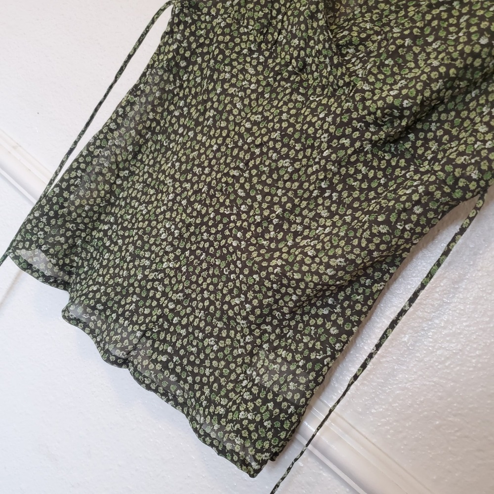 Forever 21 Sheer Floral V-Neck Blouse Green Ruffle Sleeve Side Tie Top F1187-P - Picture 4 of 12